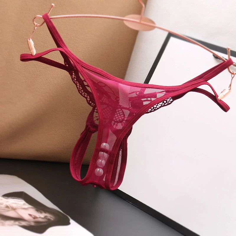 Lace Pearl G-String – Open Crotch Beaded Thong for Sexy Lingerie