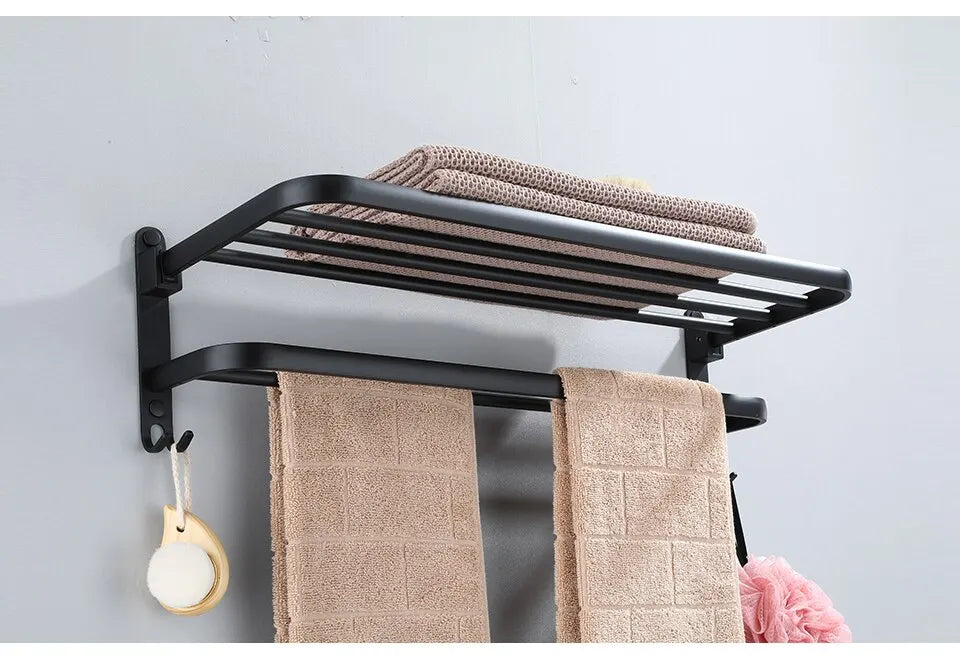 Matte Black Aluminum Towel Rack – 50cm Wall Mounted Holder with Hook