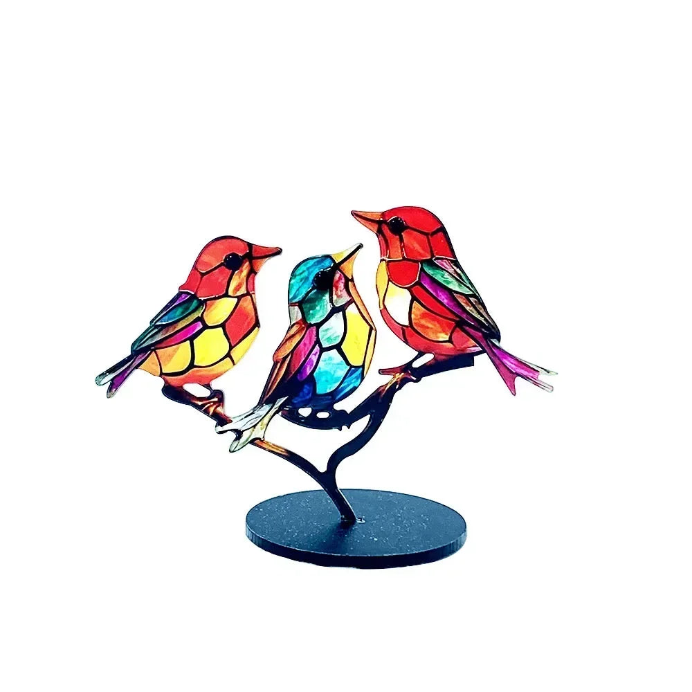 Stained Acrylic Bird Statue – Colorful 2D Branch Ornament for Home Decor