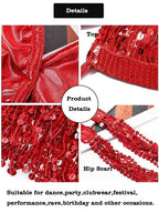 Red sequin dance costume top and hip scarf set with shiny details, ideal for parties and performances