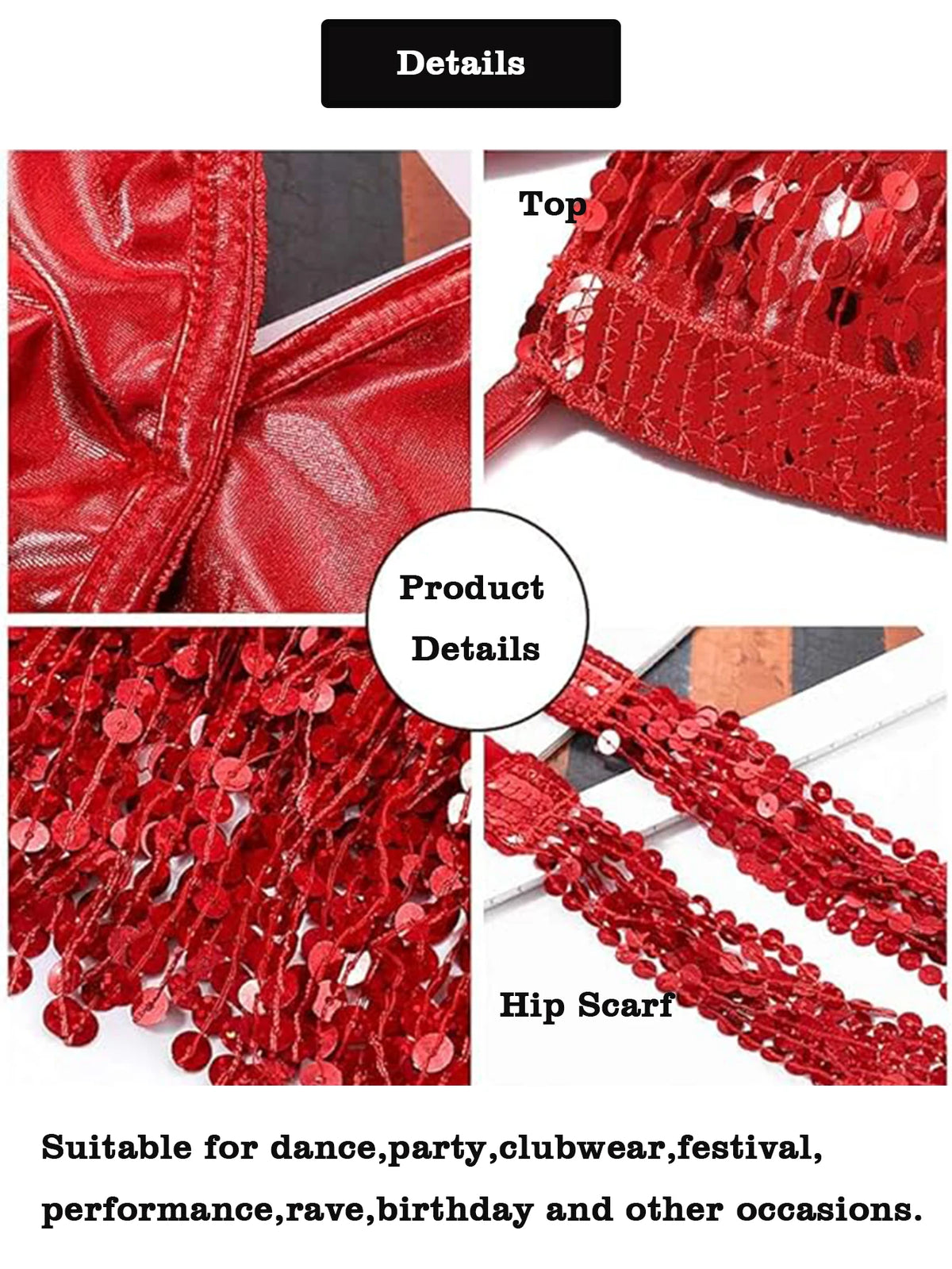 Red sequin dance costume top and hip scarf set with shiny details, ideal for parties and performances