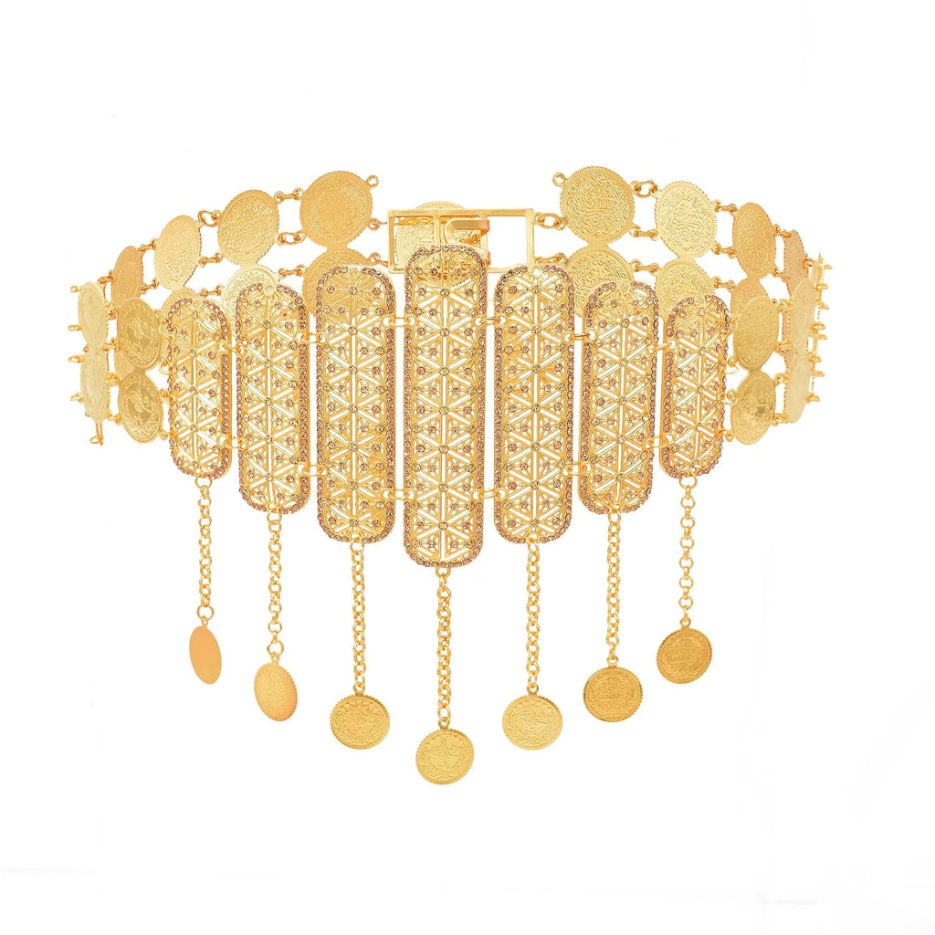 Gold filigree waist belt with coin charms and intricate detailing on white background