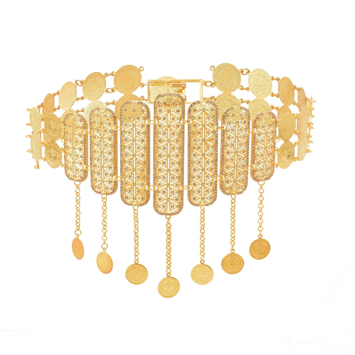 Gold filigree waist belt with coin charms and intricate detailing on white background