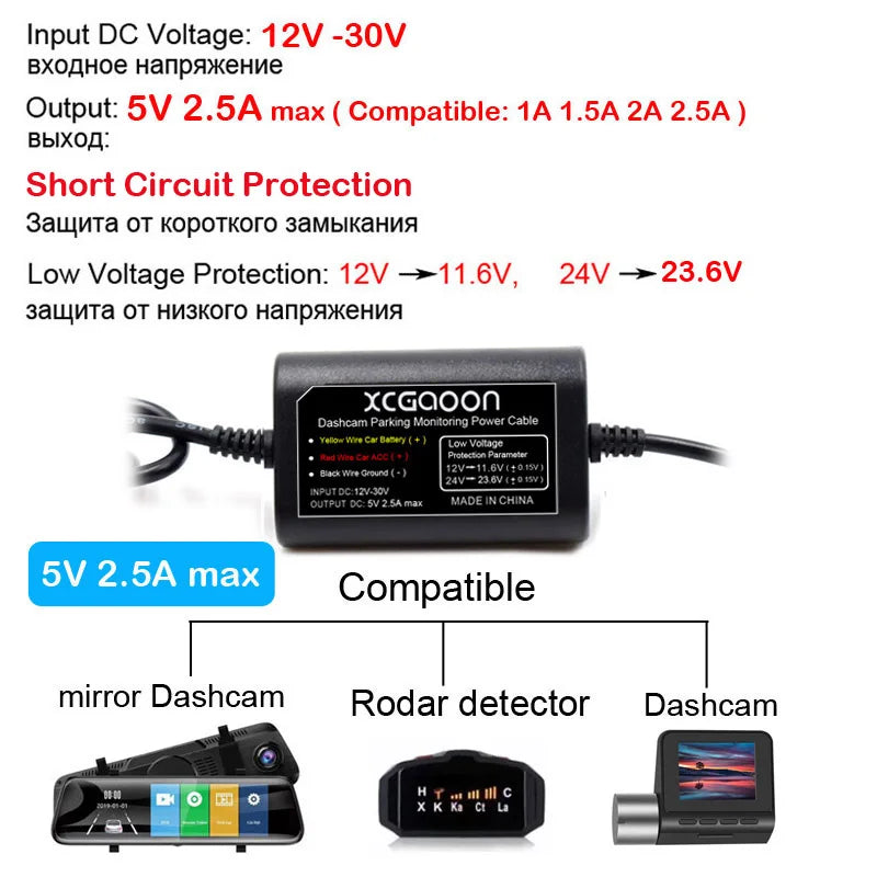 Dashcam Hardwire Kit – 12-24V USB Power Adapter for Parking Monitoring