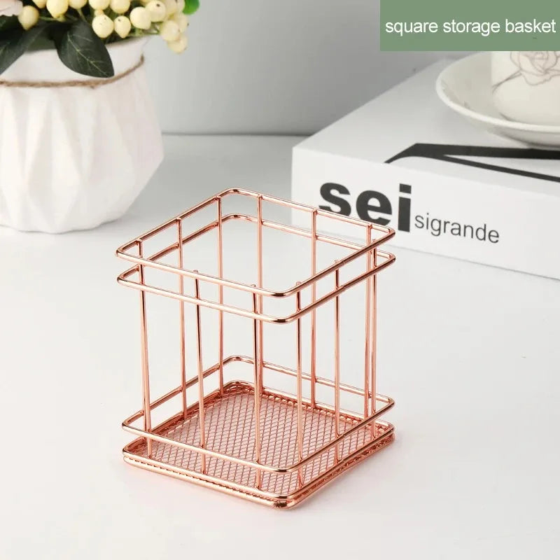 Gold Iron Storage Basket – Geometric Desktop Organizer for Makeup Brushes