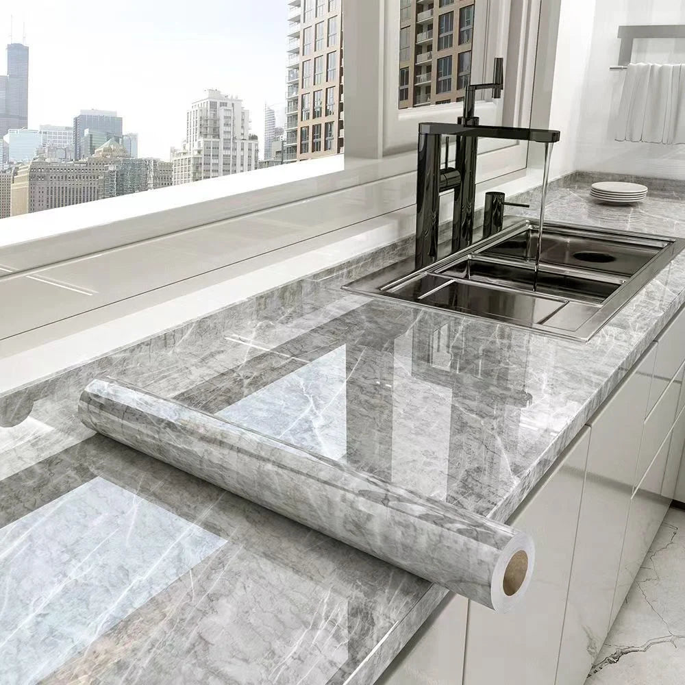 Marble Adhesive Wallpaper – Oil-Proof Film for Kitchen Countertop Renovation