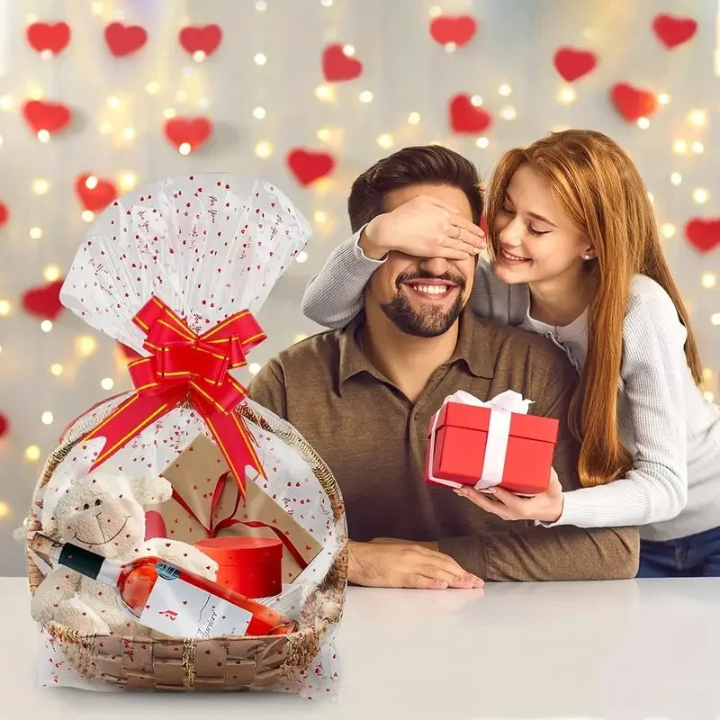Heart Print Cellophane Gift Bags – Decorative Ribbon Pouches for Wedding Favors