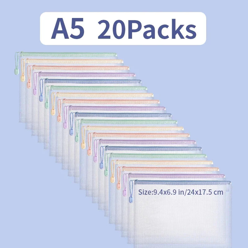 Clear Mesh Zipper Pouches – Waterproof A4/A5 Plastic Bags for Office Storage