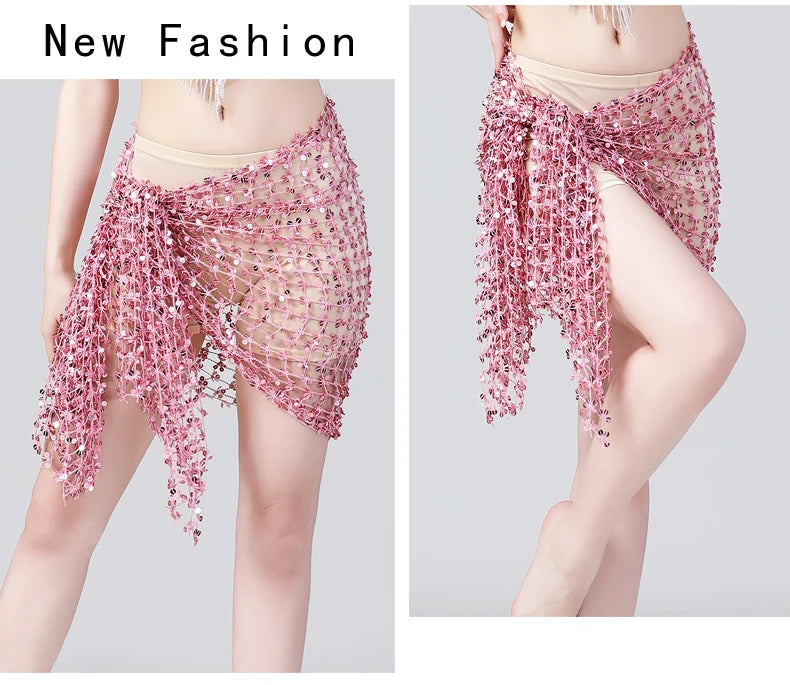 Woman wearing a pink sequin mesh hip scarf, belly dance cover-up skirt accessory