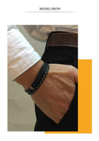 Genuine Leather Bar Bracelet – Stainless Steel Layered Bangle for Men Women