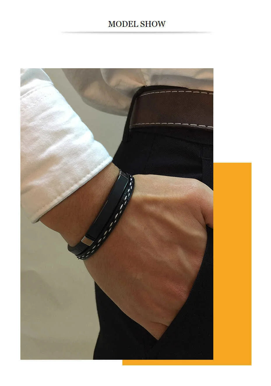 Genuine Leather Bar Bracelet – Stainless Steel Layered Bangle for Men Women