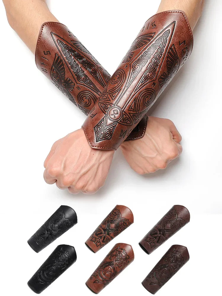 Leather arm bracers with engraved Norse patterns in brown and black, shown on forearms.