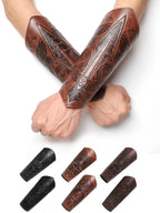 Leather arm bracers with engraved Norse patterns in brown and black, shown on forearms.