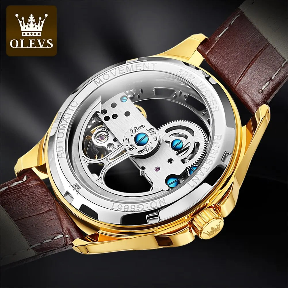 Automatic Skeleton Mechanical Watch – Leather Strap for Luxury Mens Formal Wear