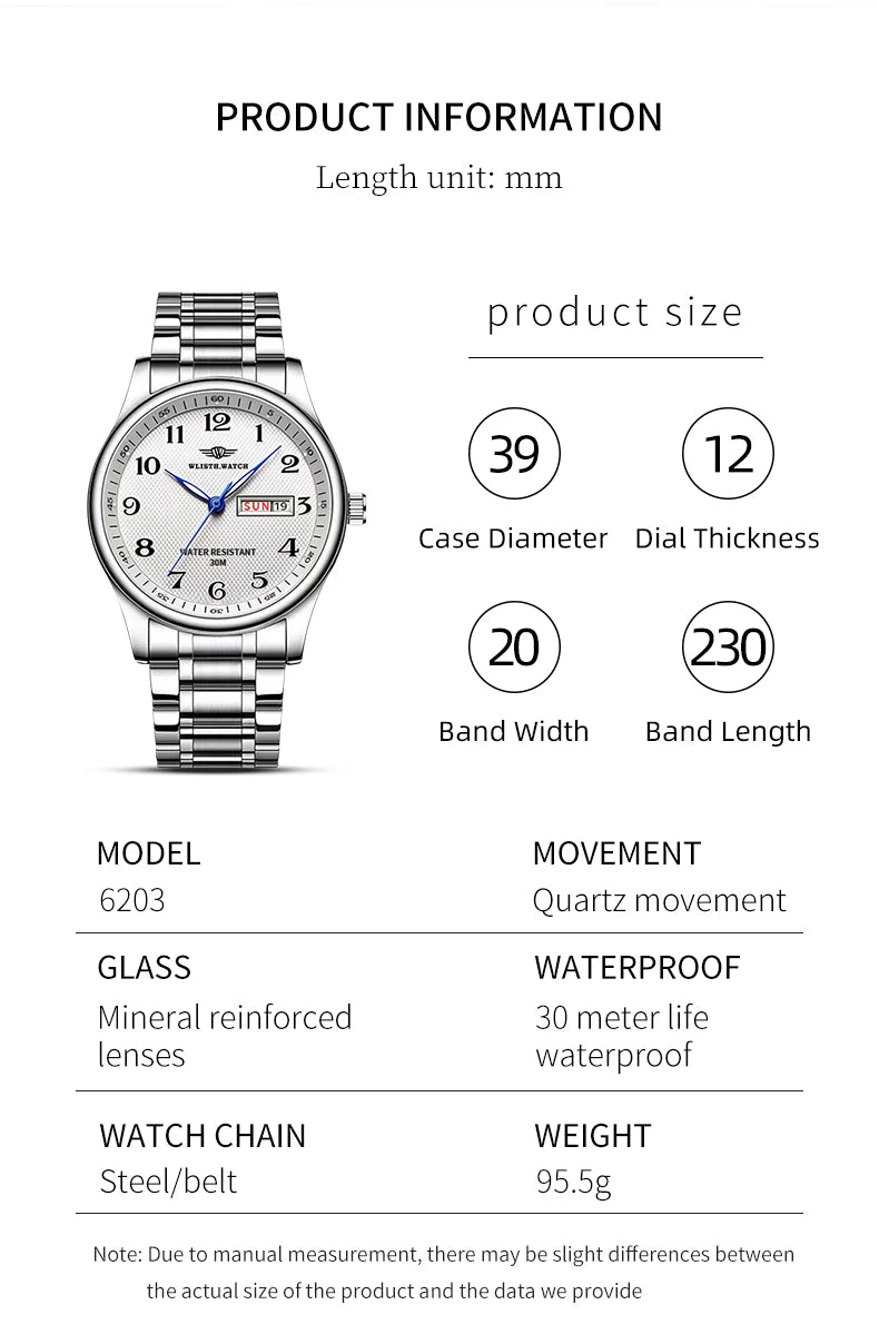 Stainless Steel Quartz Watch – Arabic Numerals Calendar for Men Gifts