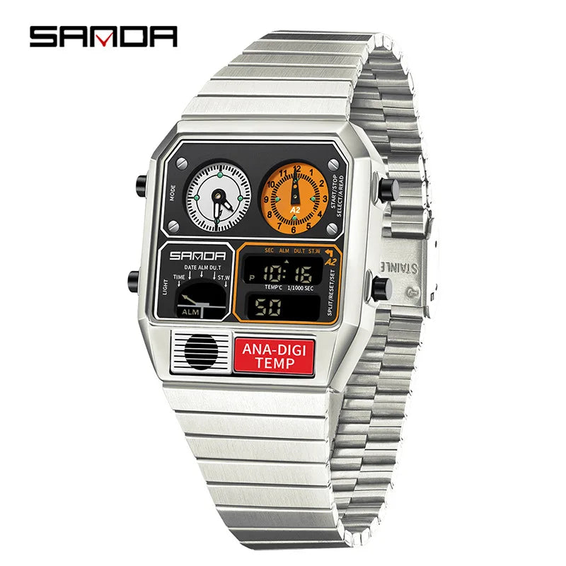 Square Stainless Steel Digital Watch – Temperature Gauge for Men's Sports