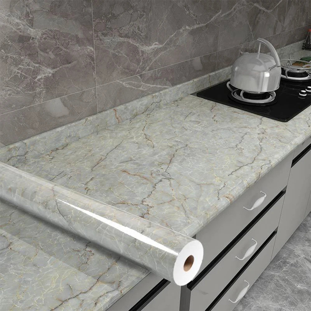 Self-Adhesive Marble Wallpaper – PVC Waterproof Film for Kitchen Renovation