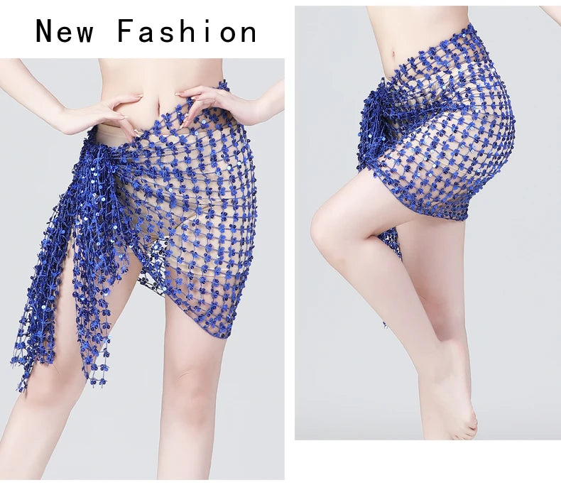 Woman modeling a blue beaded mesh beach cover up skirt with tie detail.