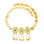 Gold coin belt with ornate medallions and turquoise center stones, boho fashion accessory