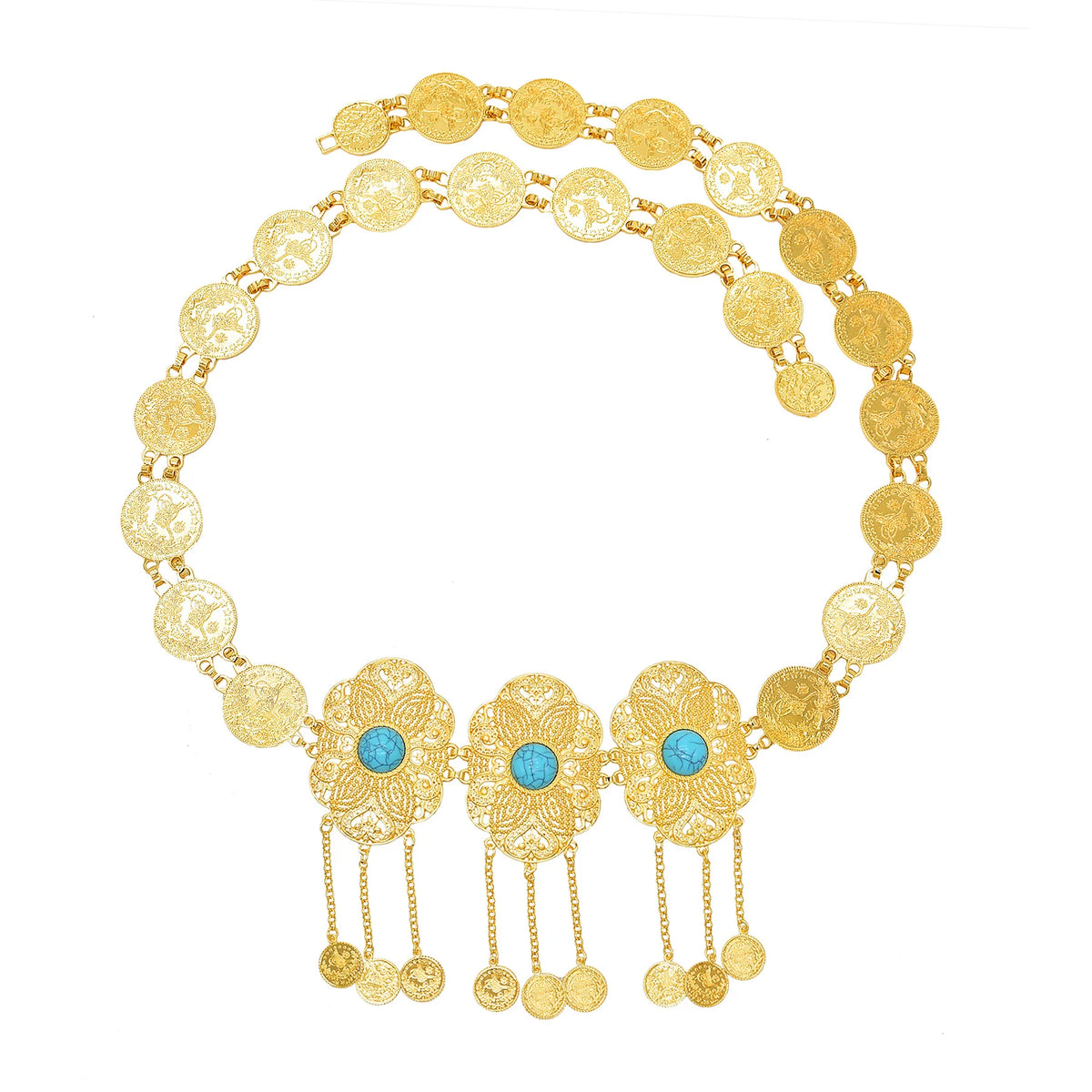 Gold coin belt with ornate medallions and turquoise center stones, boho fashion accessory