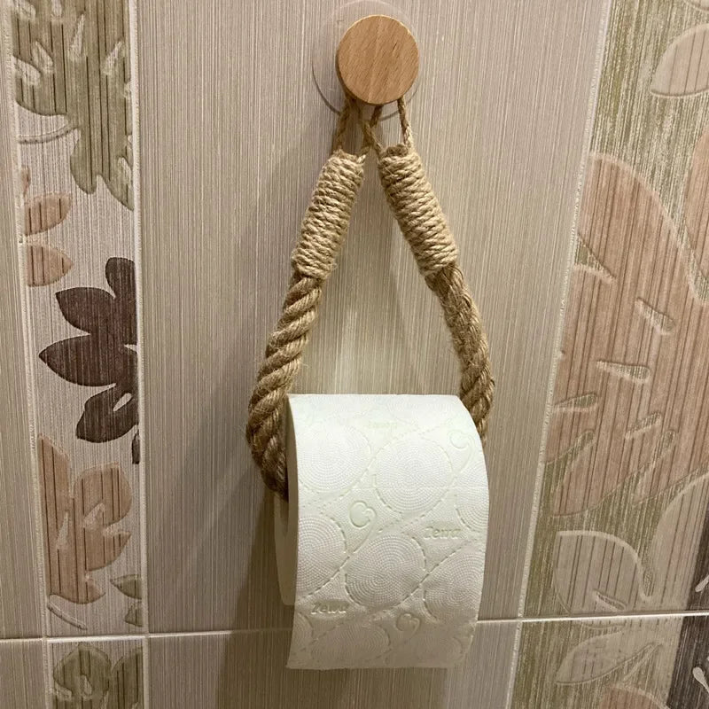 Adhesive Hemp Paper Towel Holder – Wall Mounted Rack for Bathroom Storage