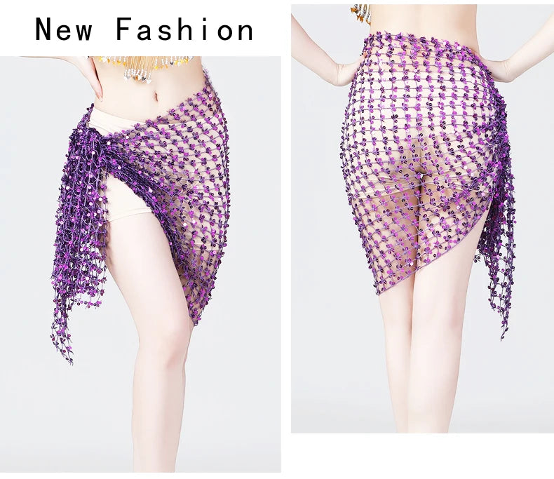 Purple beaded mesh hip scarf for women, shown tied at waist, belly dance accessory