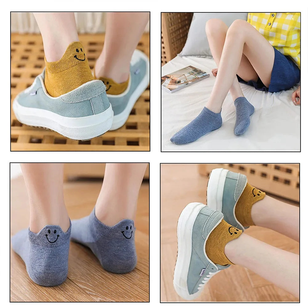 Embroidered Smiley Face Ankle Socks – Breathable Cotton for Casual Comfort