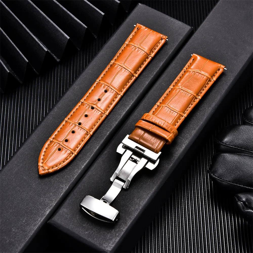 Genuine Calfskin Leather Watch Strap – Butterfly Buckle for Business
