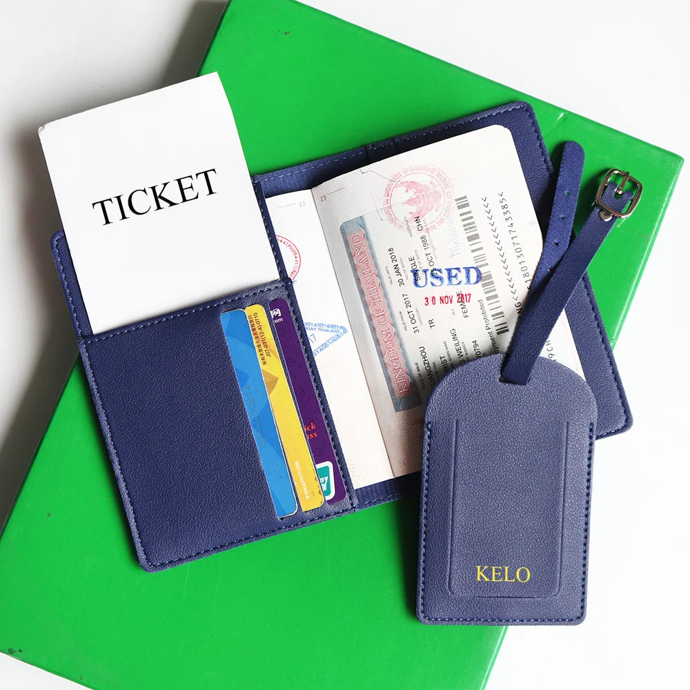 Custom Name Passport Cover Set – Personalized Leather Luggage Tag for Travel