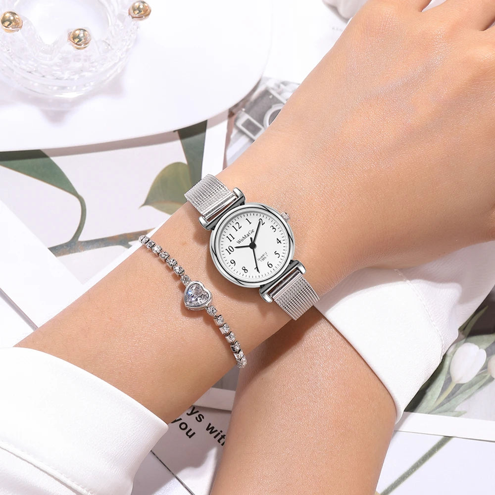 Silver Mesh Quartz Watch – Small Dial Stainless Steel for Women