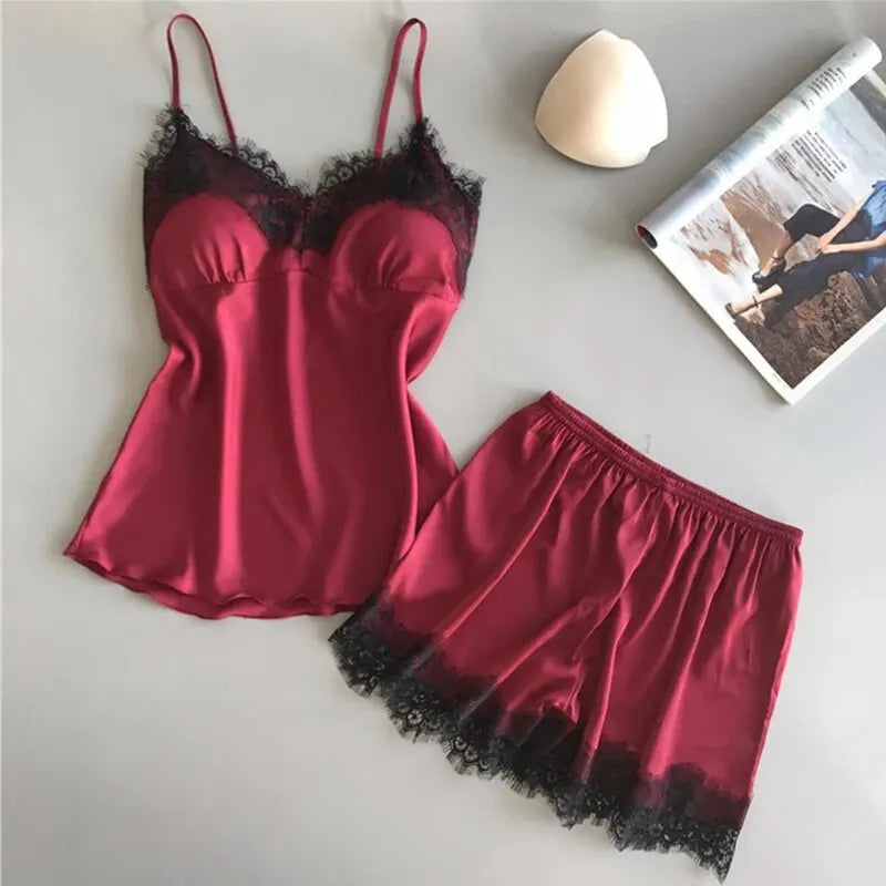 Lace V-Neck Pajama Set – Sexy Satin Sleepwear for Women