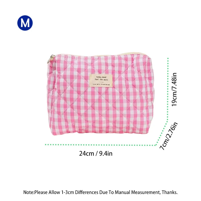 Large Checkered Cotton Cosmetic Bag – Plaid Travel Toiletry Organizer for Women