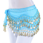 Blue belly dance hip scarf with gold coins and beads tied at waist