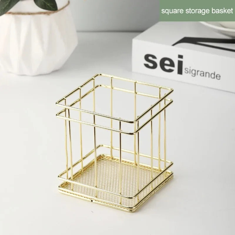 Gold Iron Storage Basket – Geometric Desktop Organizer for Makeup Brushes