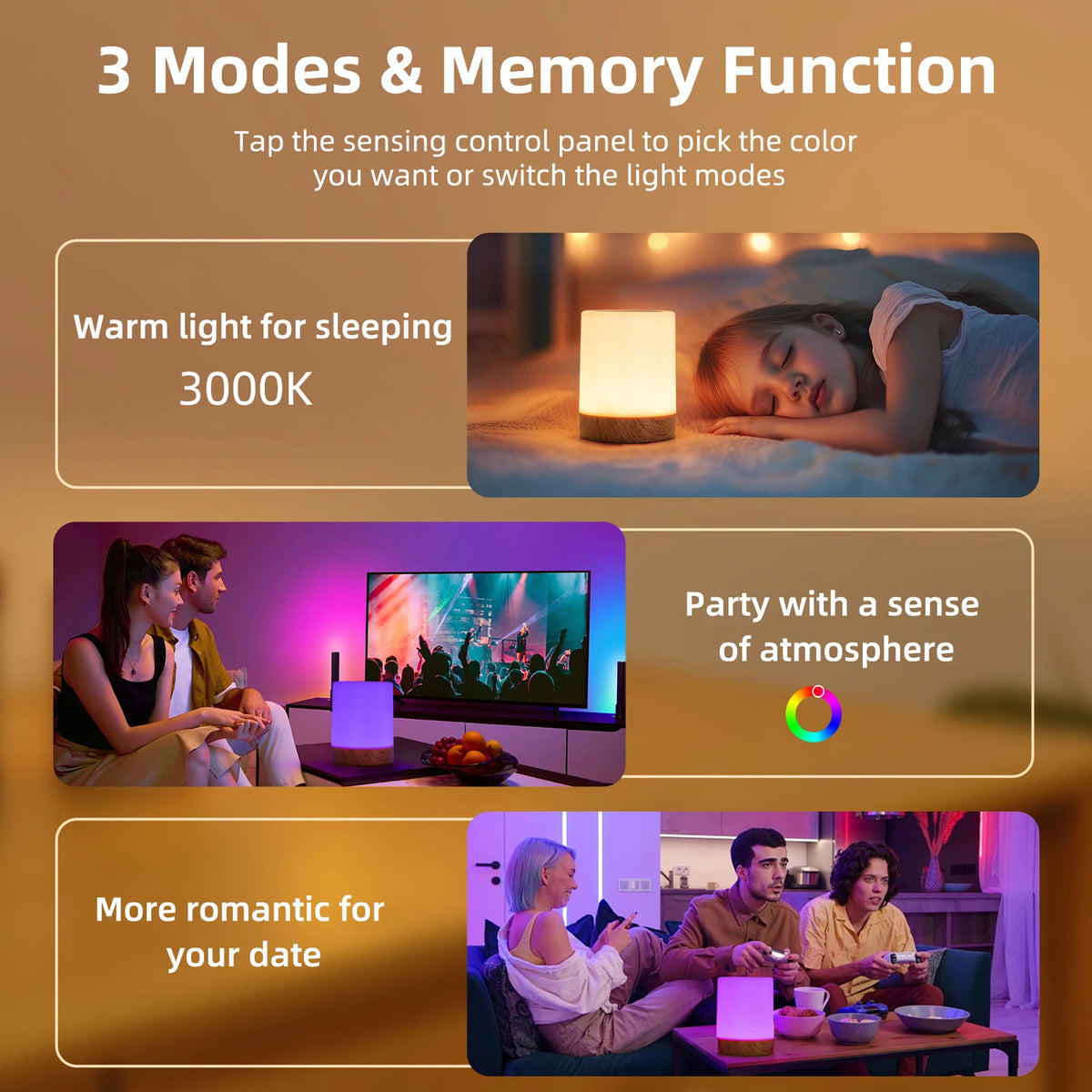 Smart RGB Touch Bedside Lamp – USB Rechargeable Night Light for Bedroom Decor