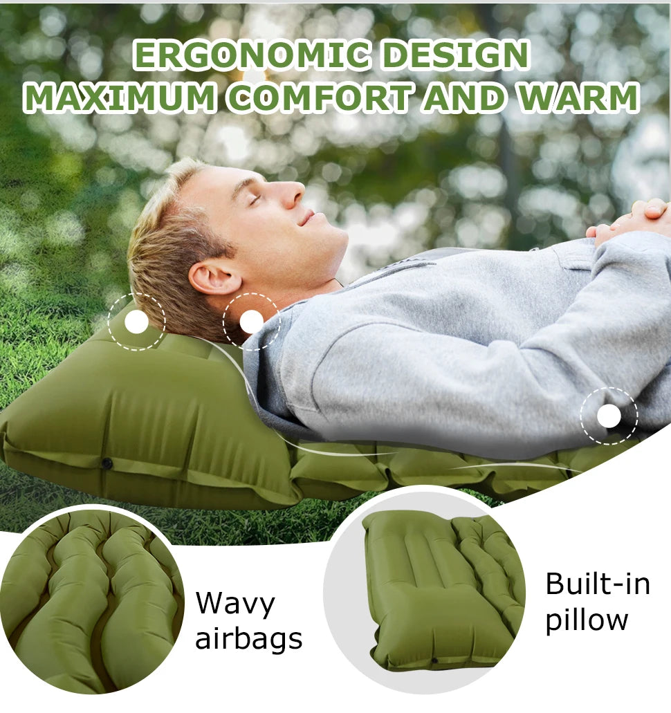 Inflatable Sleeping Pad – Built-in Pillow for Camping Hiking and Travel