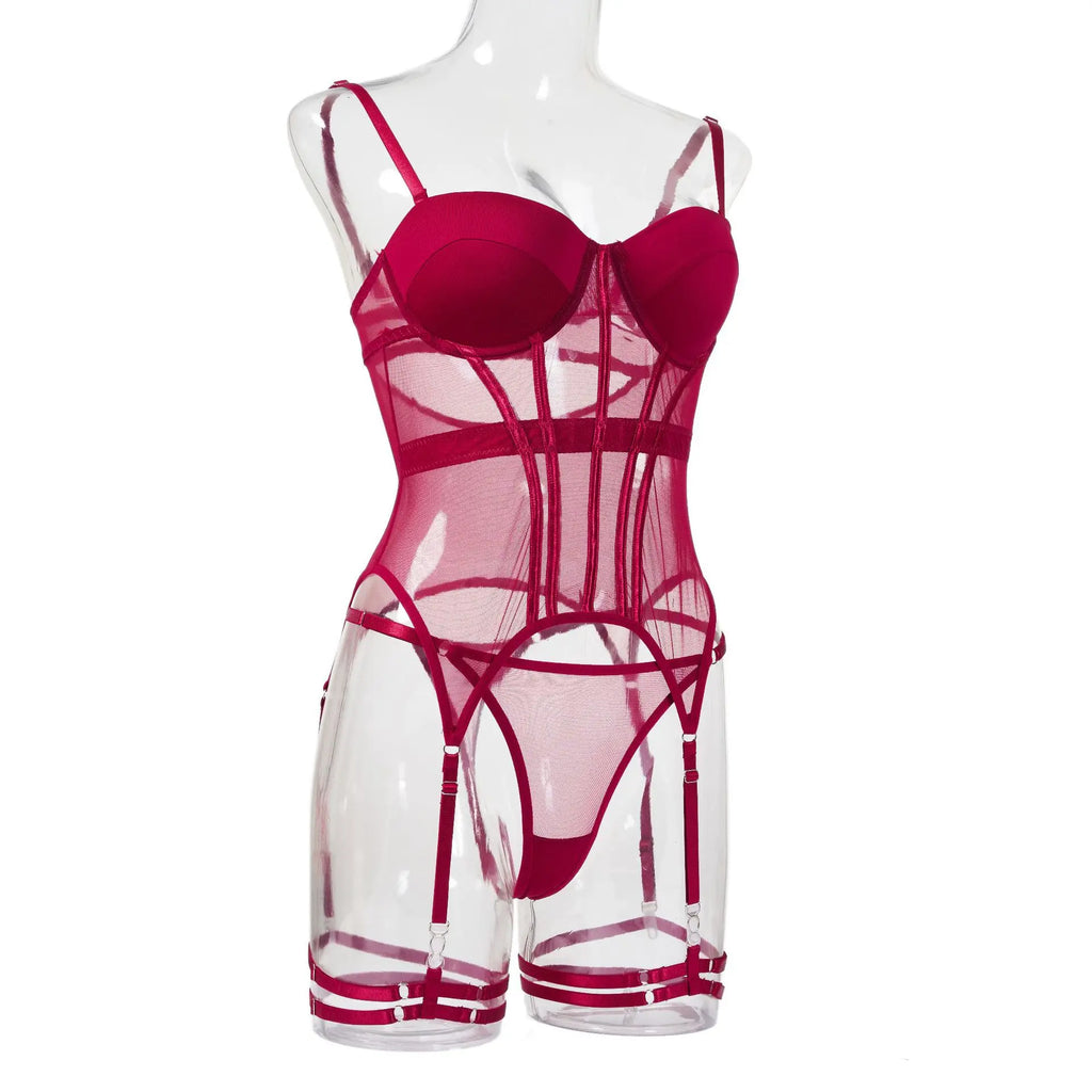 Mesh Lingerie Bodysuit Set – Backless Lace 3 Piece Lingerie for Women