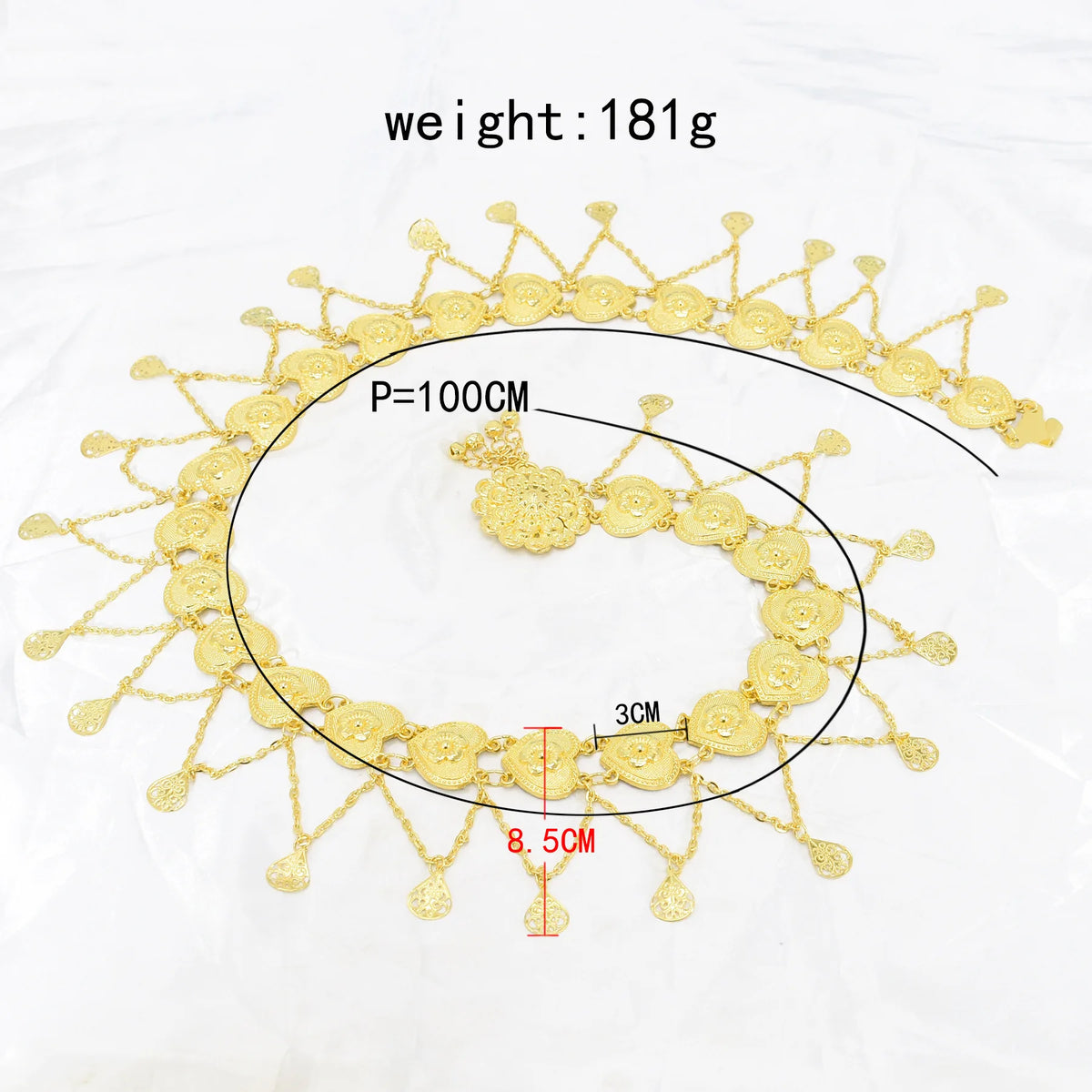 Gold floral waist chain belt with heart accents, 100cm length, 181g weight, measured on white background.