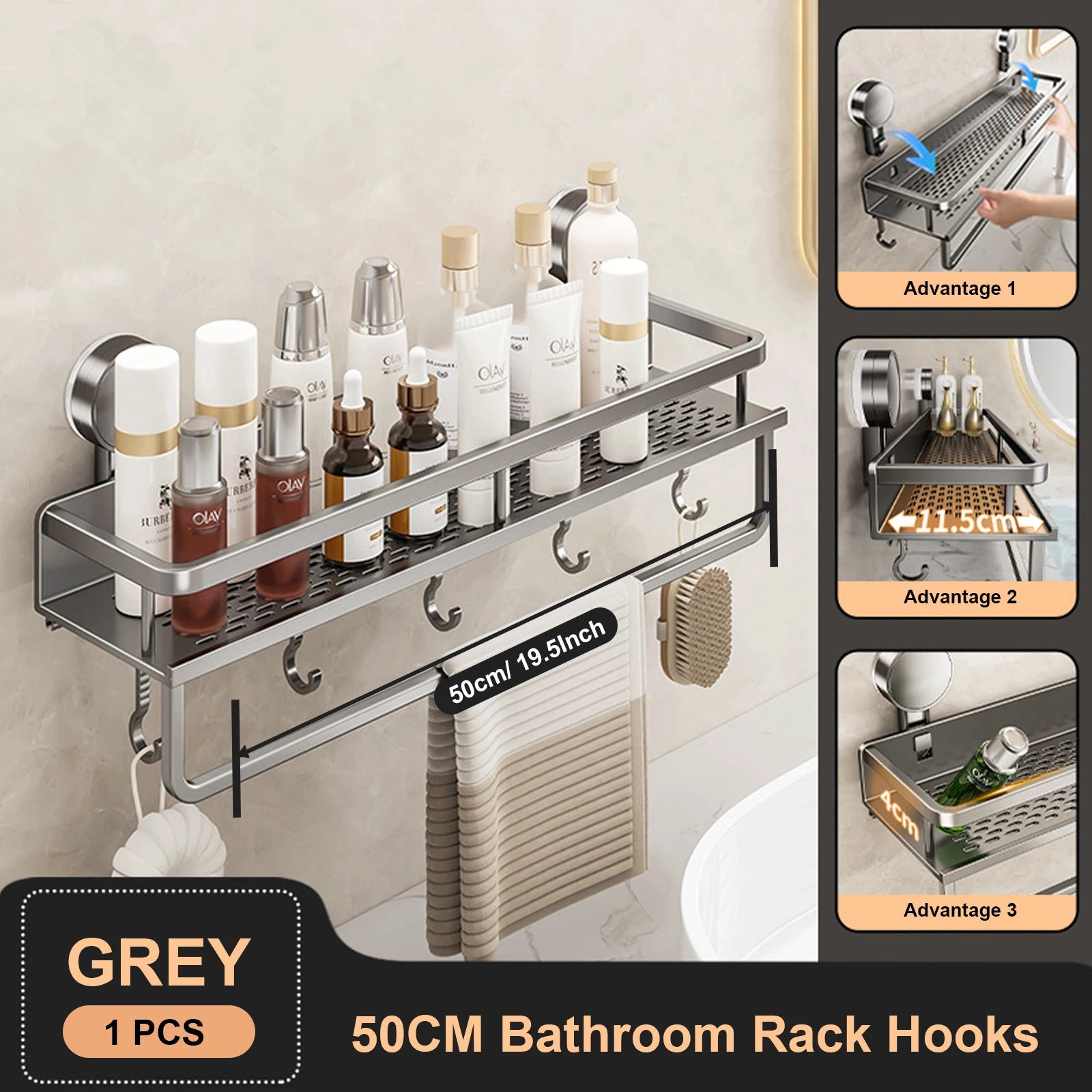Aluminum Bathroom Shelf – No-Drill Suction Cup Organizer for Toilet Wall