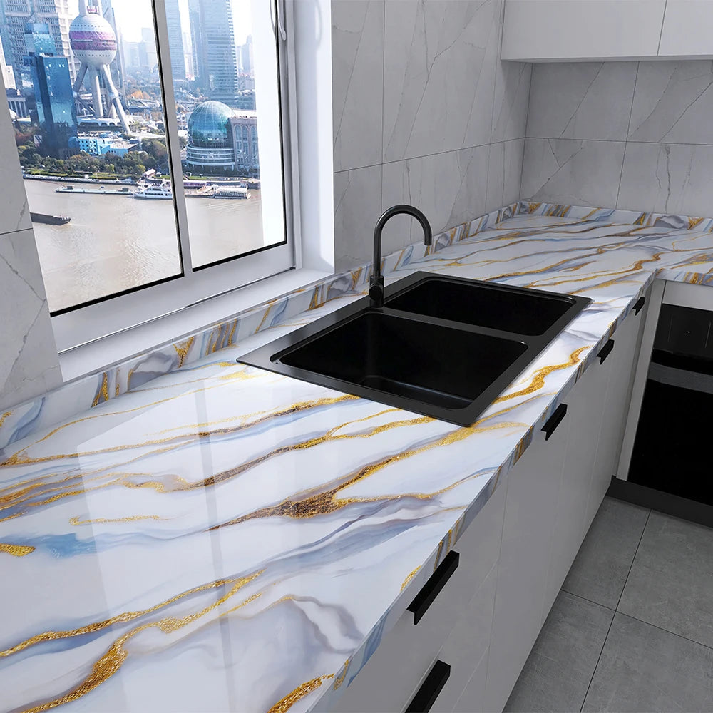 Marble Adhesive Wallpaper – Oil-Proof Film for Kitchen Countertop Renovation