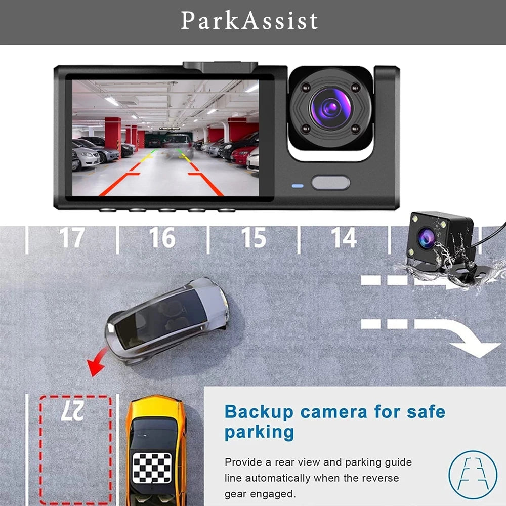 Triple Lens Car Dash Cam – 1080P 3-Channel Video Recorder for Vehicle Security