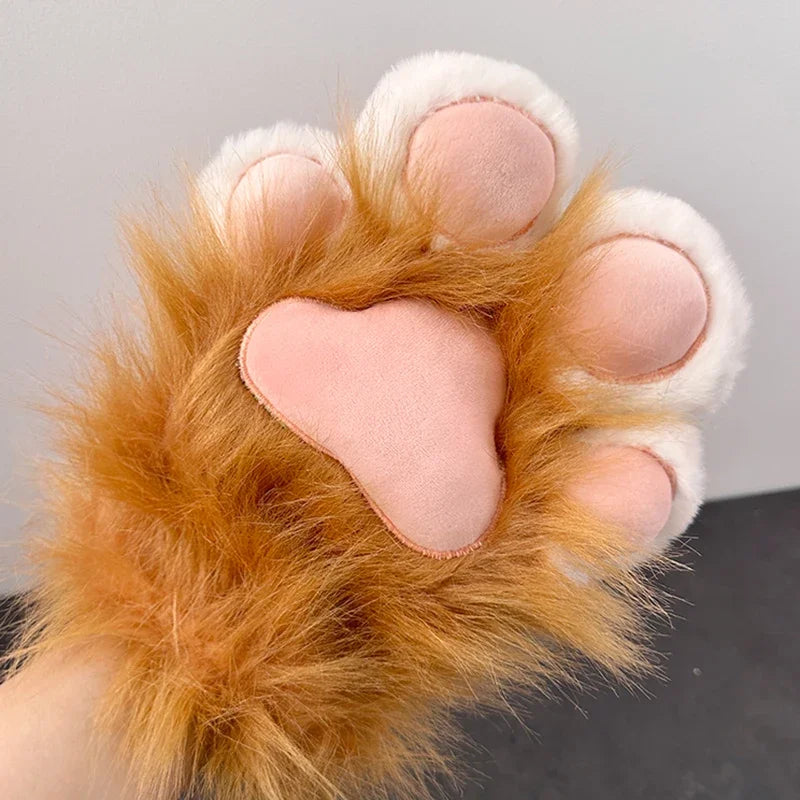 Fluffy brown and white cat paw glove with pink pads, plush costume accessory