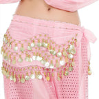 Pink belly dance hip scarf with gold coin details and beaded fringe