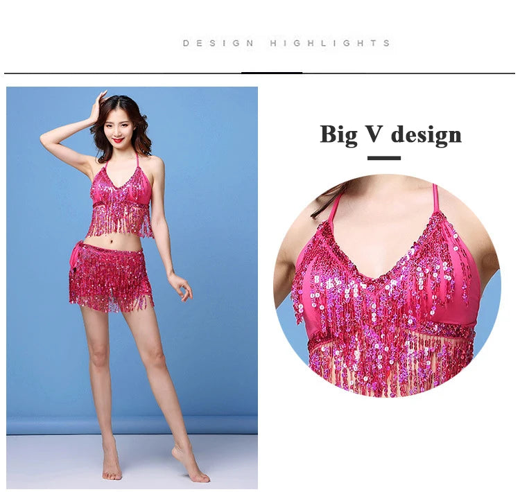 Woman in pink sequin fringe dance costume with V-neck halter top and matching skirt