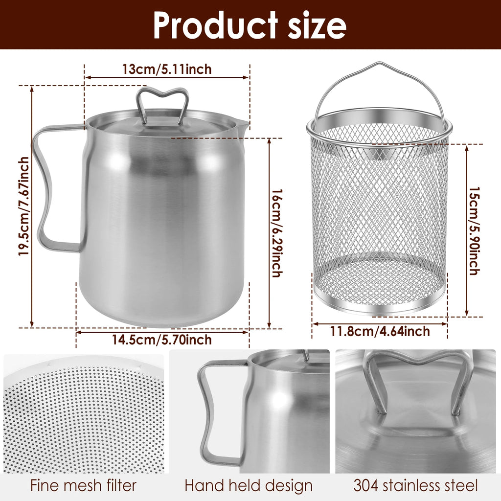 Stainless Steel Oil Strainer Pot – Fine Mesh Grease Container for Kitchen