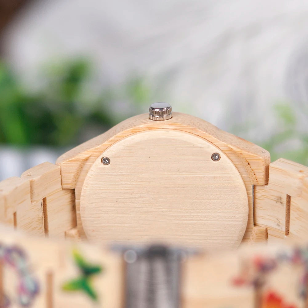 BOBO BIRD Wooden Women's Watch – Floral Engraved Handmade Quartz Wristwatch