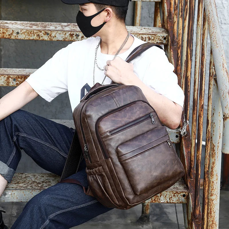 PU Leather USB Charging Laptop Backpack – Large Travel Bag for Men and Students