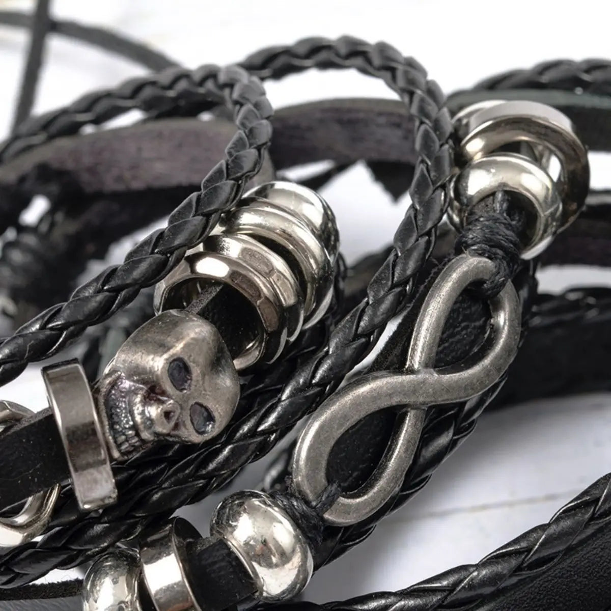 Braided Punk Leather Bracelet Set – Metal Bead Wristbands for Gothic Jewelry