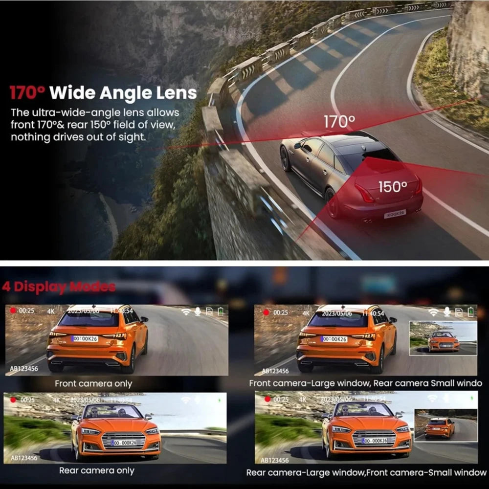 4K Dash Cam – Front and Rear WiFi Video Recorder for Vehicle Parking Safety