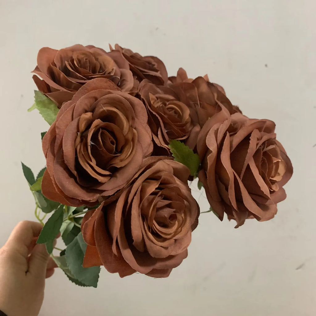 Artificial Brown Rose Bouquet – Silk Flower Arrangement for Home Wedding Decor